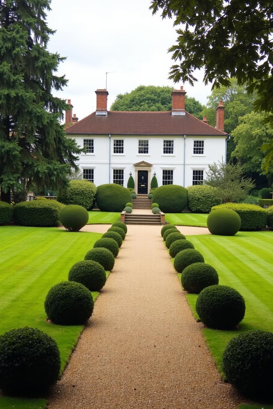 Manicured garden with shrub-lined path leading to a country house