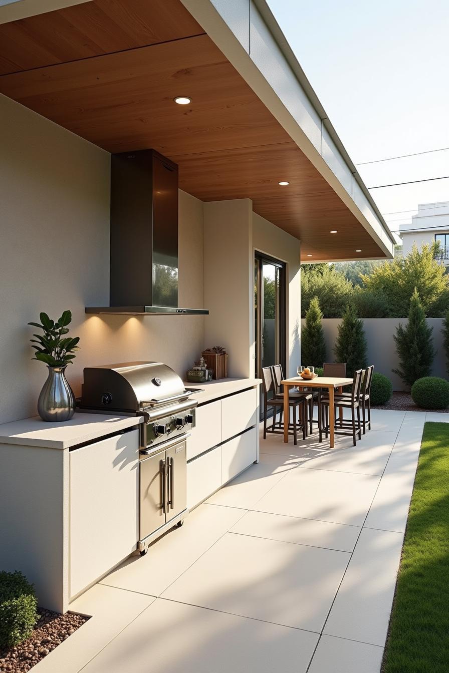 Outdoor kitchen with grill and dining table on patio