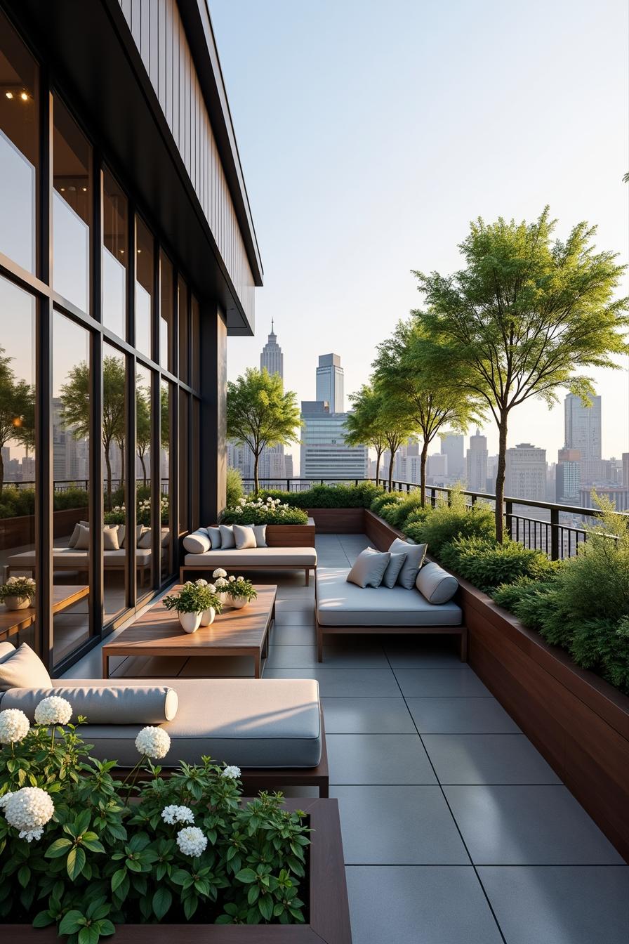 Modern rooftop garden with plush seating and city skyline