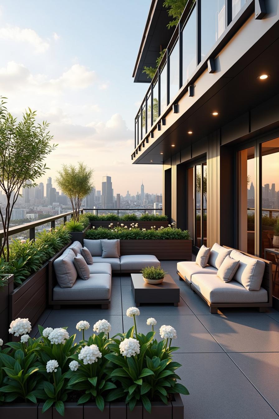 Rooftop terrace with sofas and city view