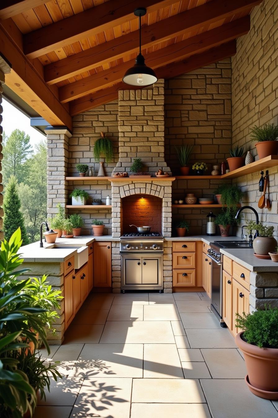 Cozy outdoor kitchen with stone and wooden elements