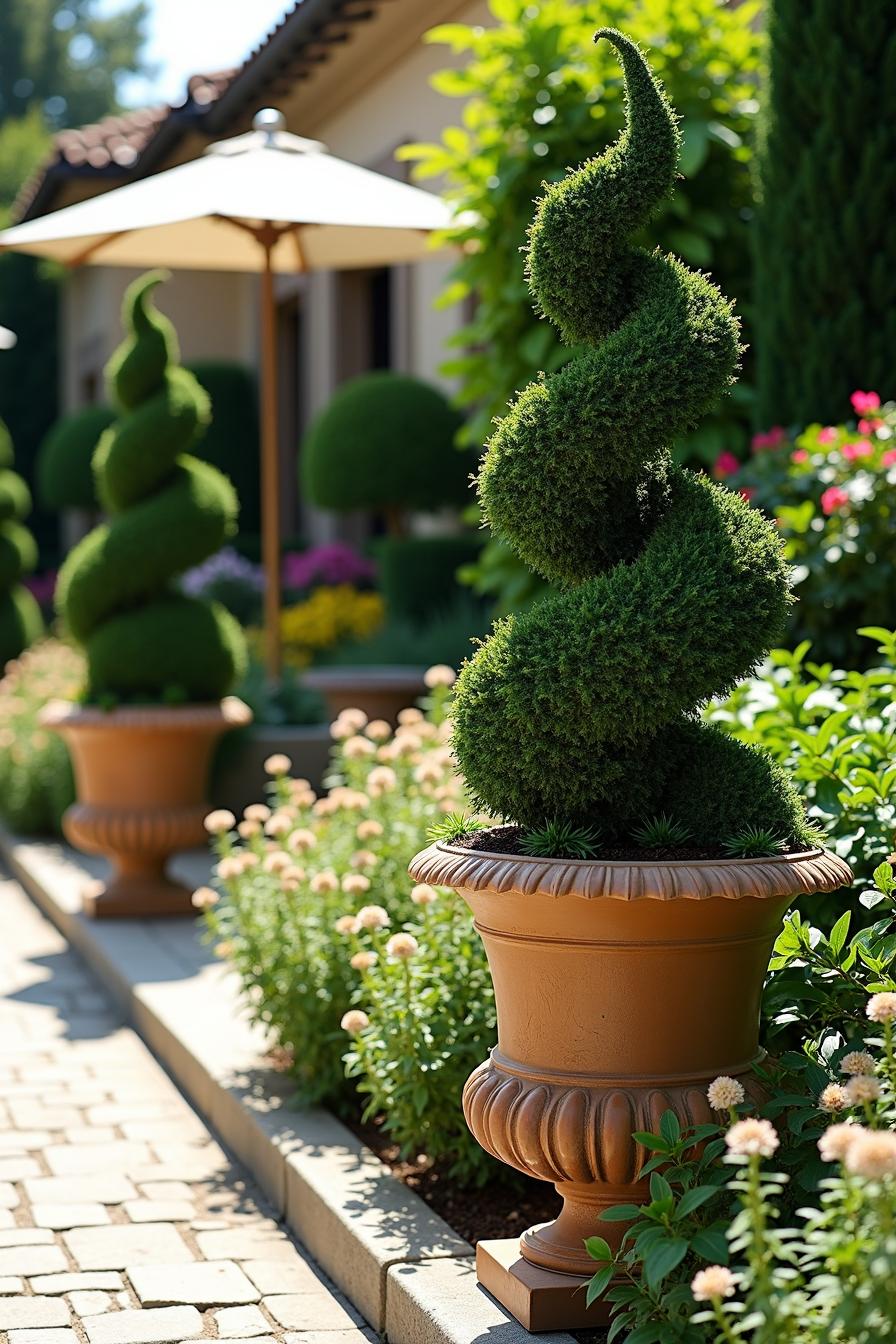 Spiral-shaped topiary shrubs in decorative pots along a garden path