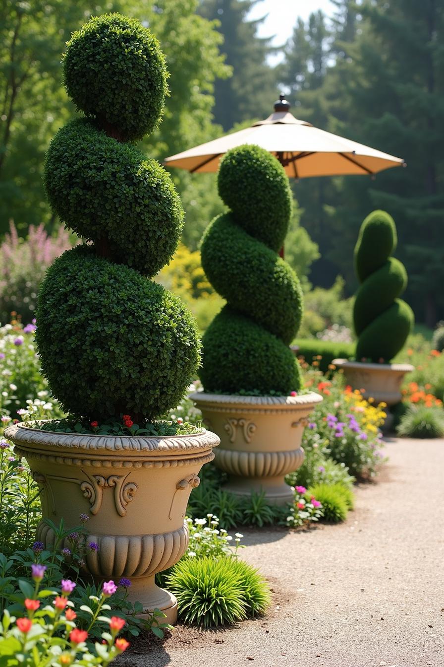 Spiral-shaped topiaries in ornate pots under a sunny umbrella