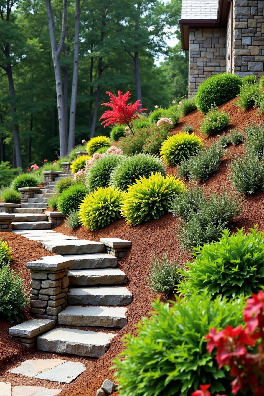 Stone pathway through vibrant hillside garden