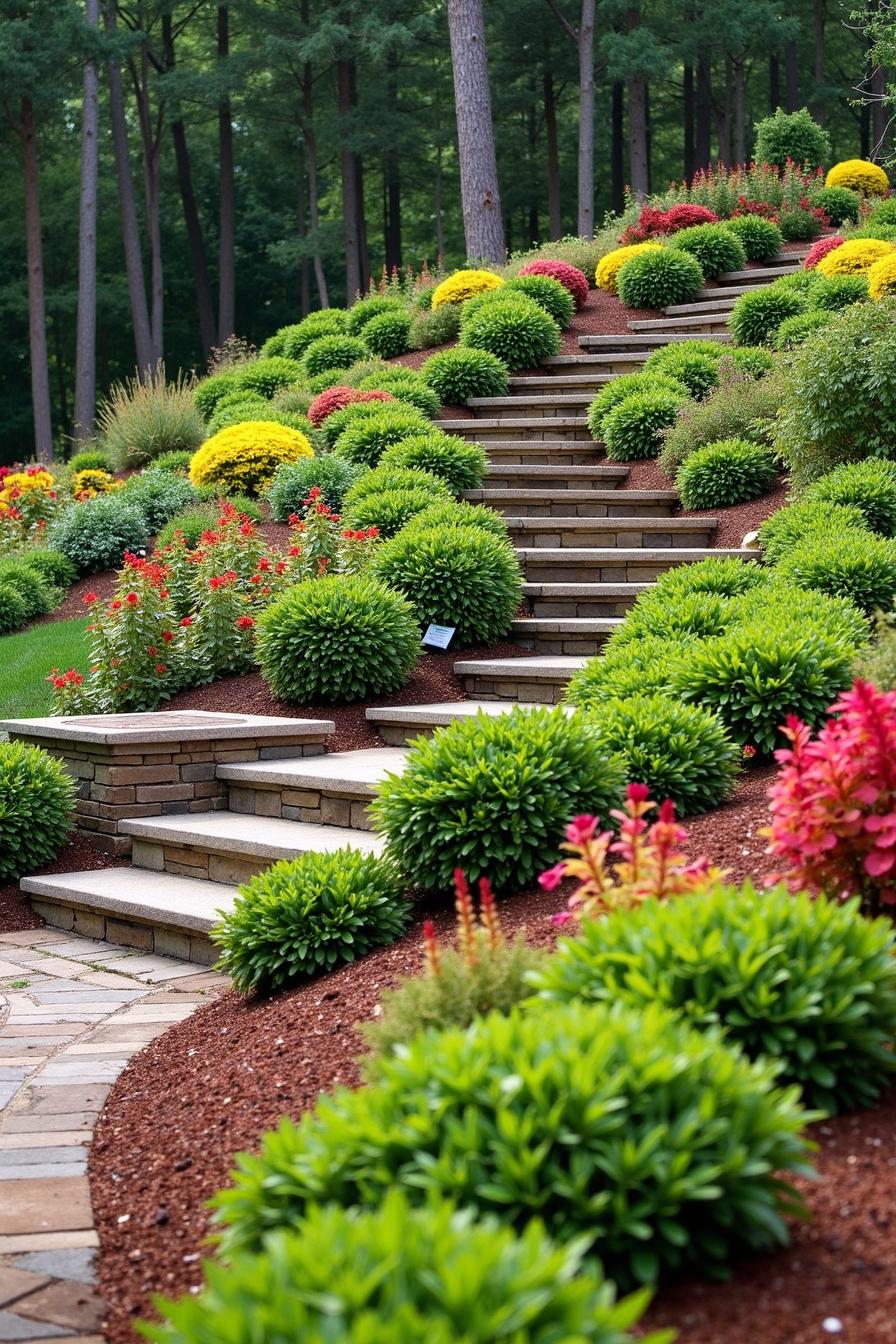 Colorful tiered garden with stone steps