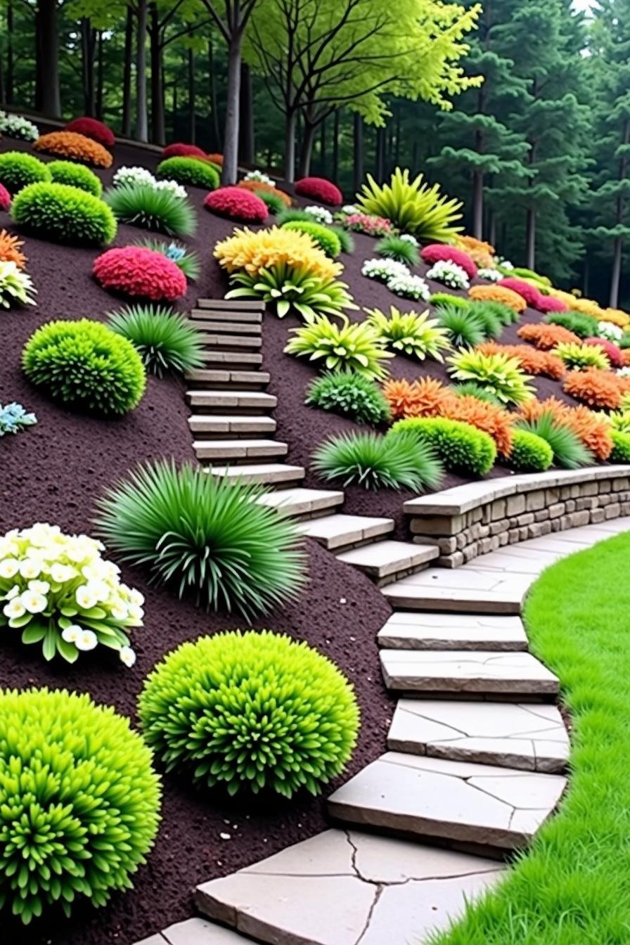 Colorful plants and stone steps on a landscaped hillside