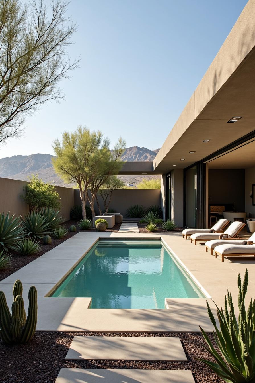 Relaxing pool surrounded by cacti under a clear sky