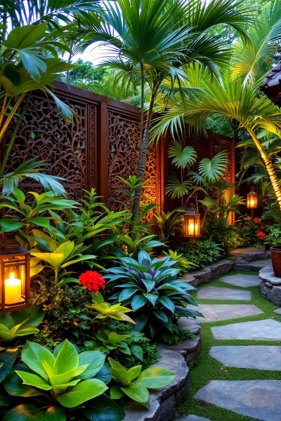 Tropical garden with stepping stones and lit lanterns