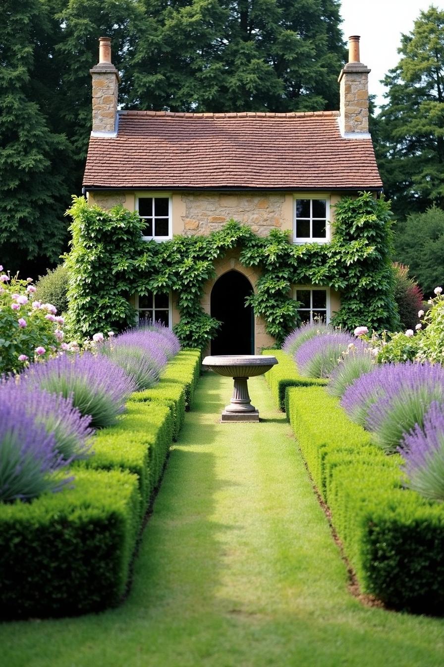 Charming English garden with lush greenery and lavender borders