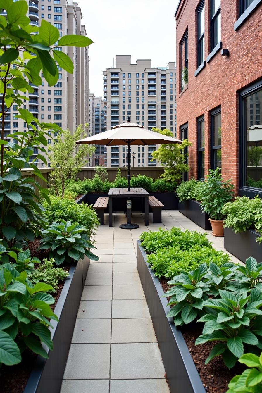 Cozy rooftop garden with lush greenery and urban backdrop