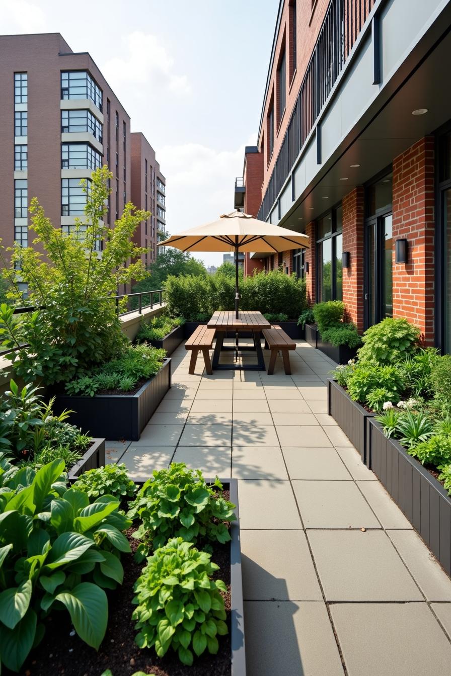 Rooftop patio with lush plants and seating