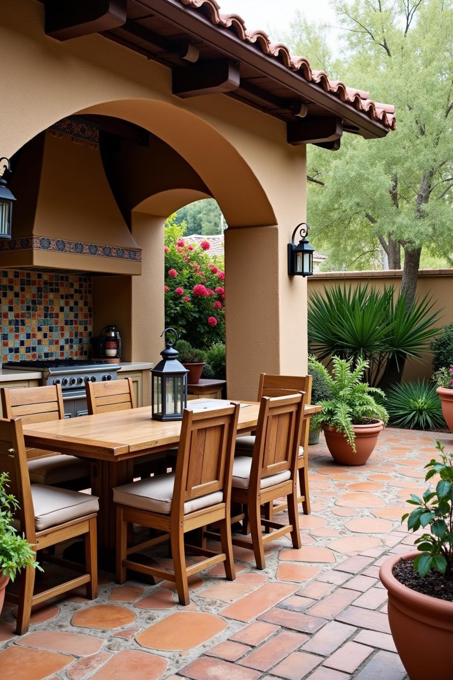 Outdoor kitchen with tiled arch and wooden dining set