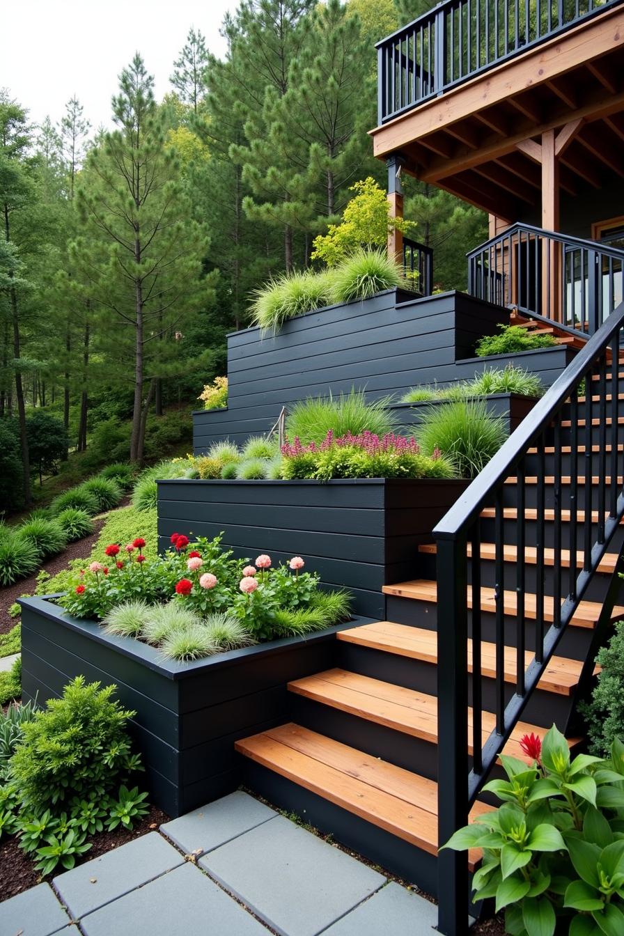 Wooden stairs amidst lush hillside planters