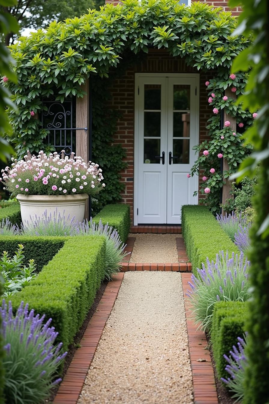 Garden entrance with blooming archway and manicured hedges