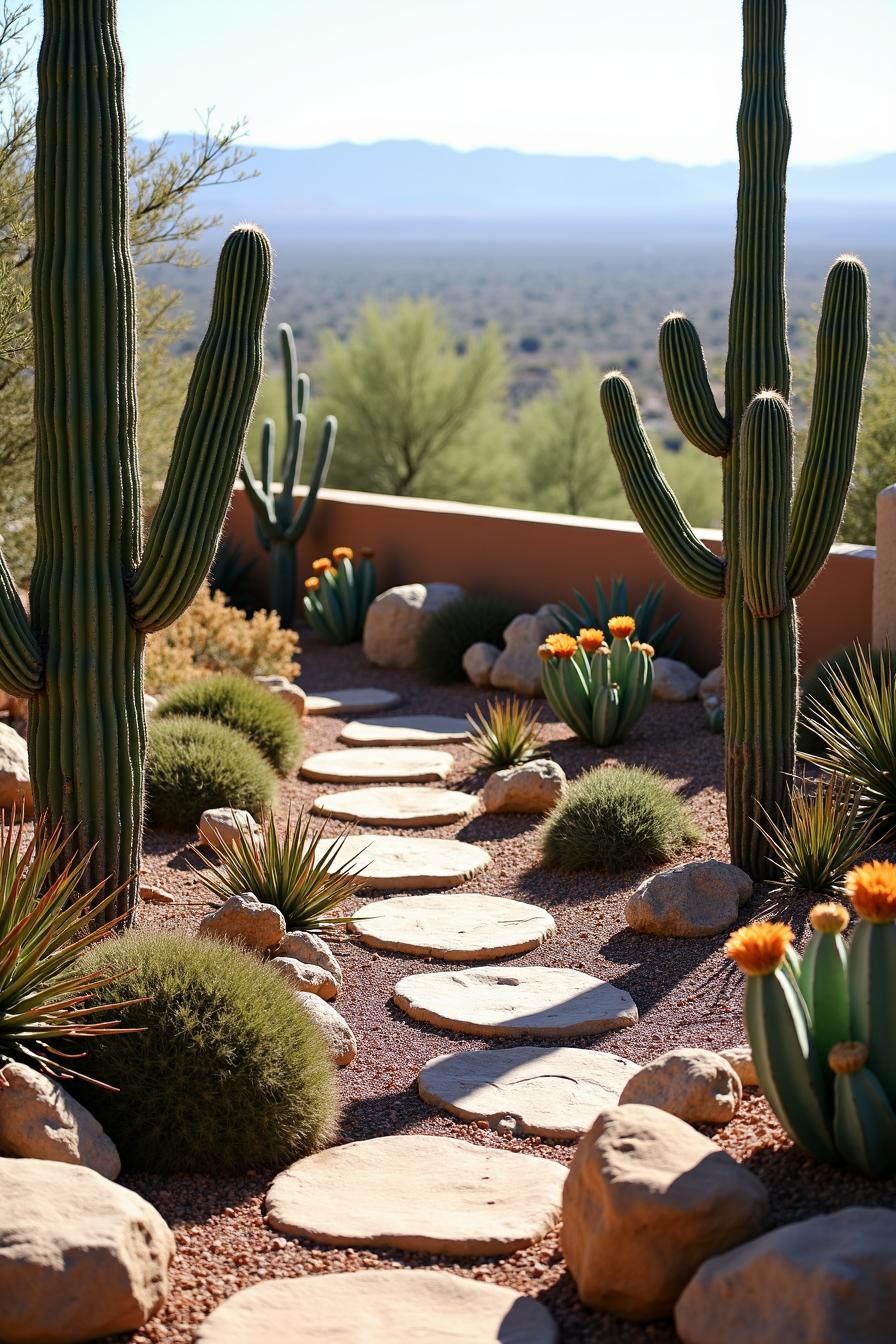 Stone pathway through desert garden with cacti