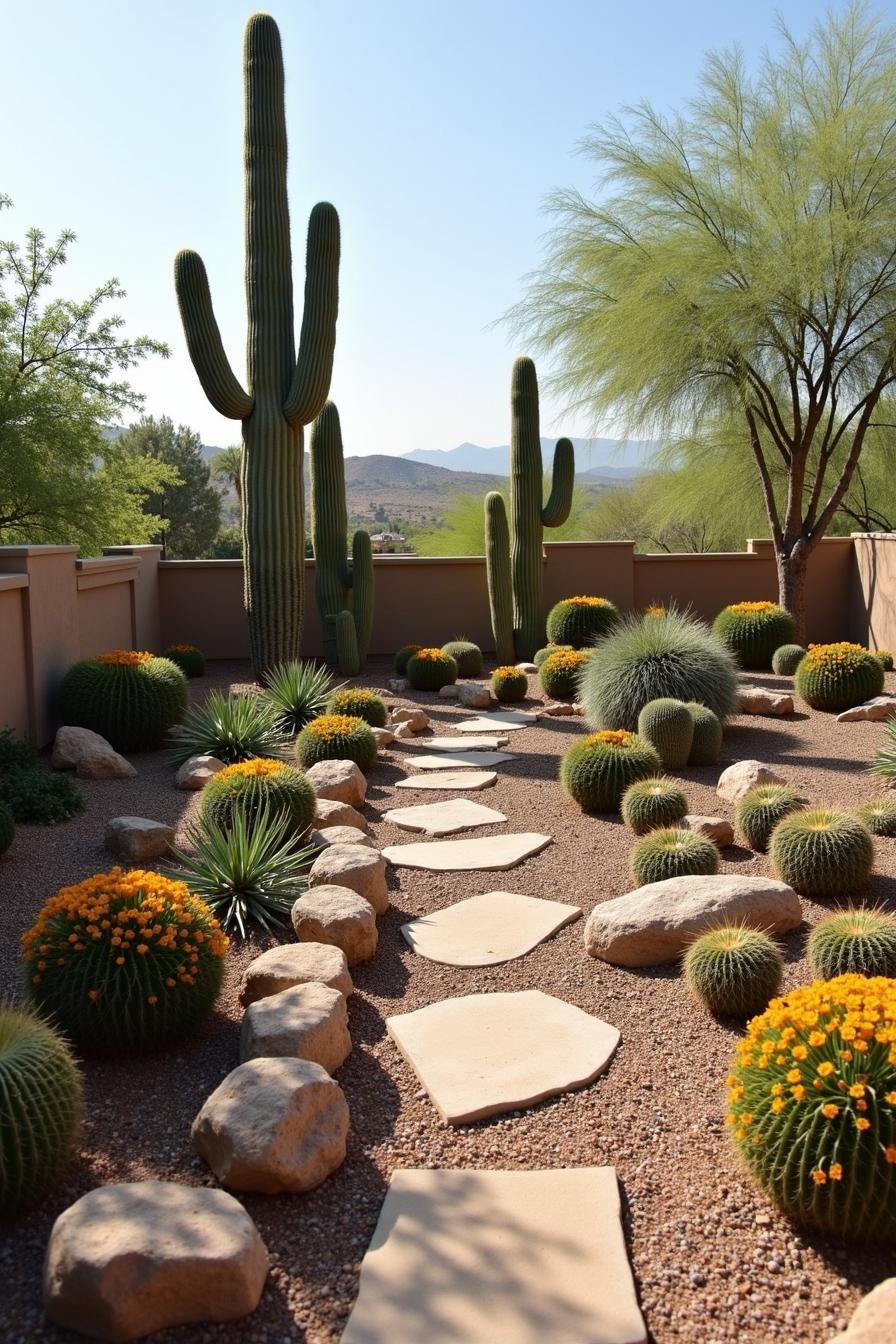 Desert backyard with cacti and stone pathway