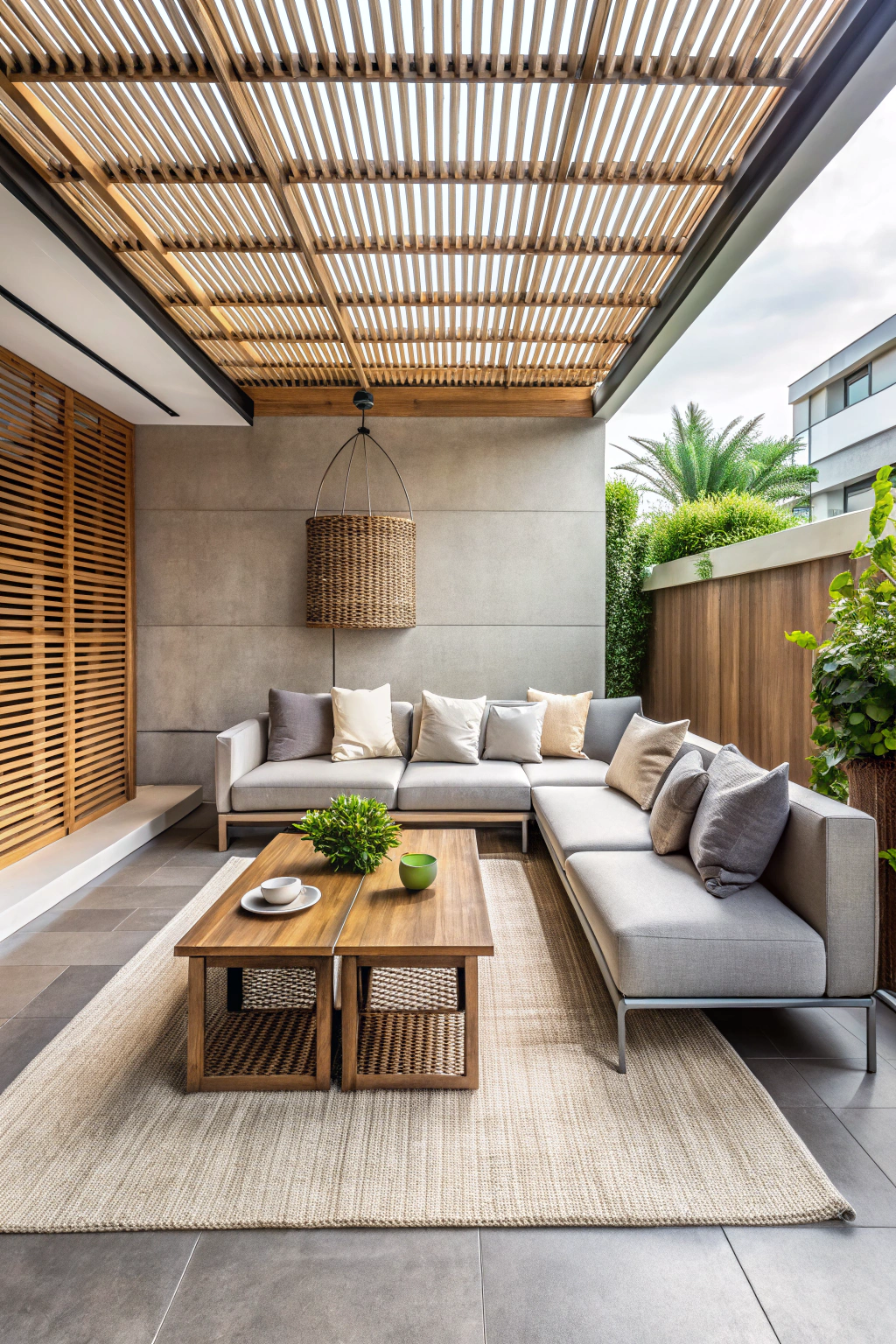 Stylish outdoor lounge with wooden elements and cozy seating