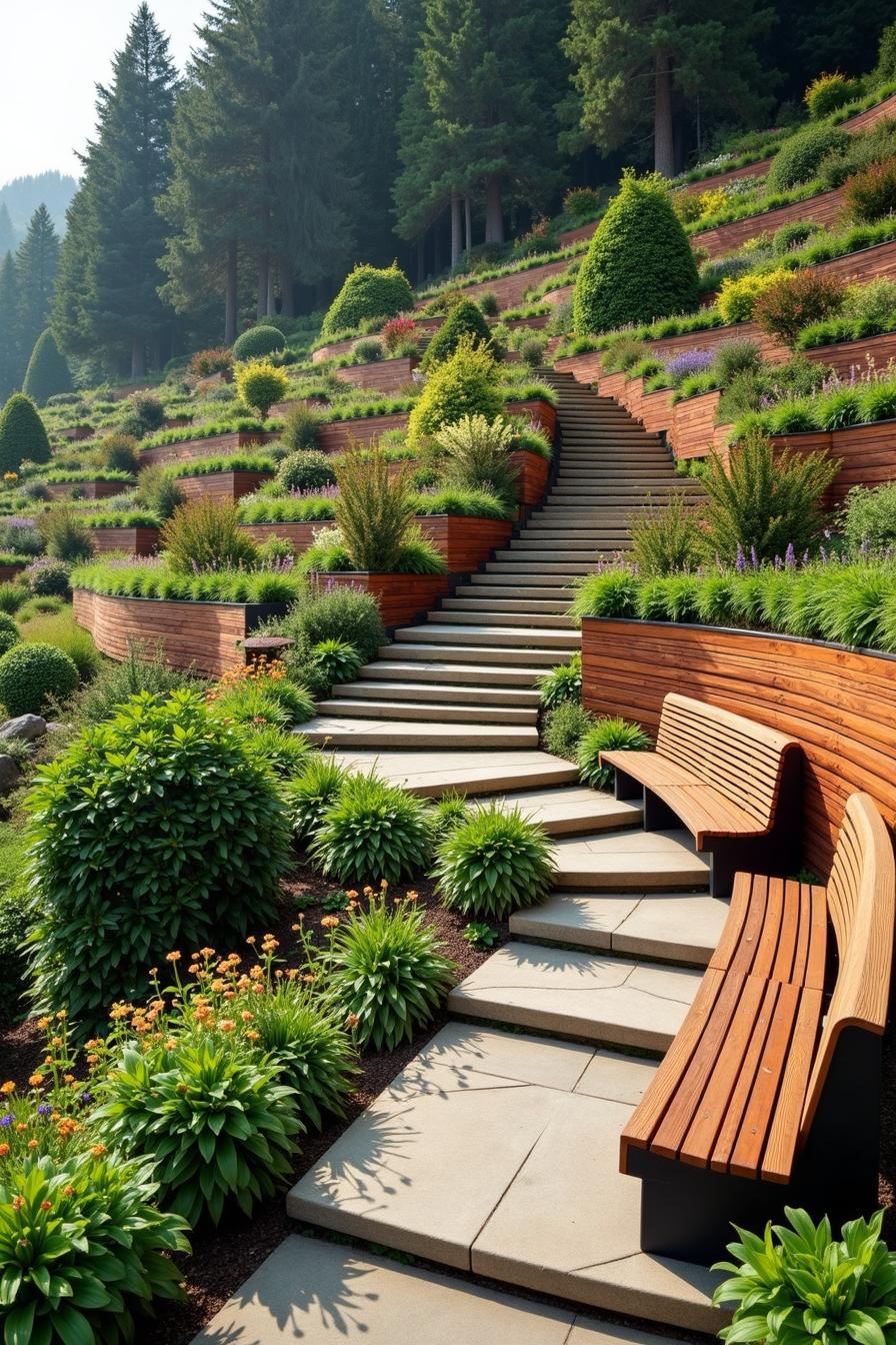 Terraced garden with stone steps and wooden benches