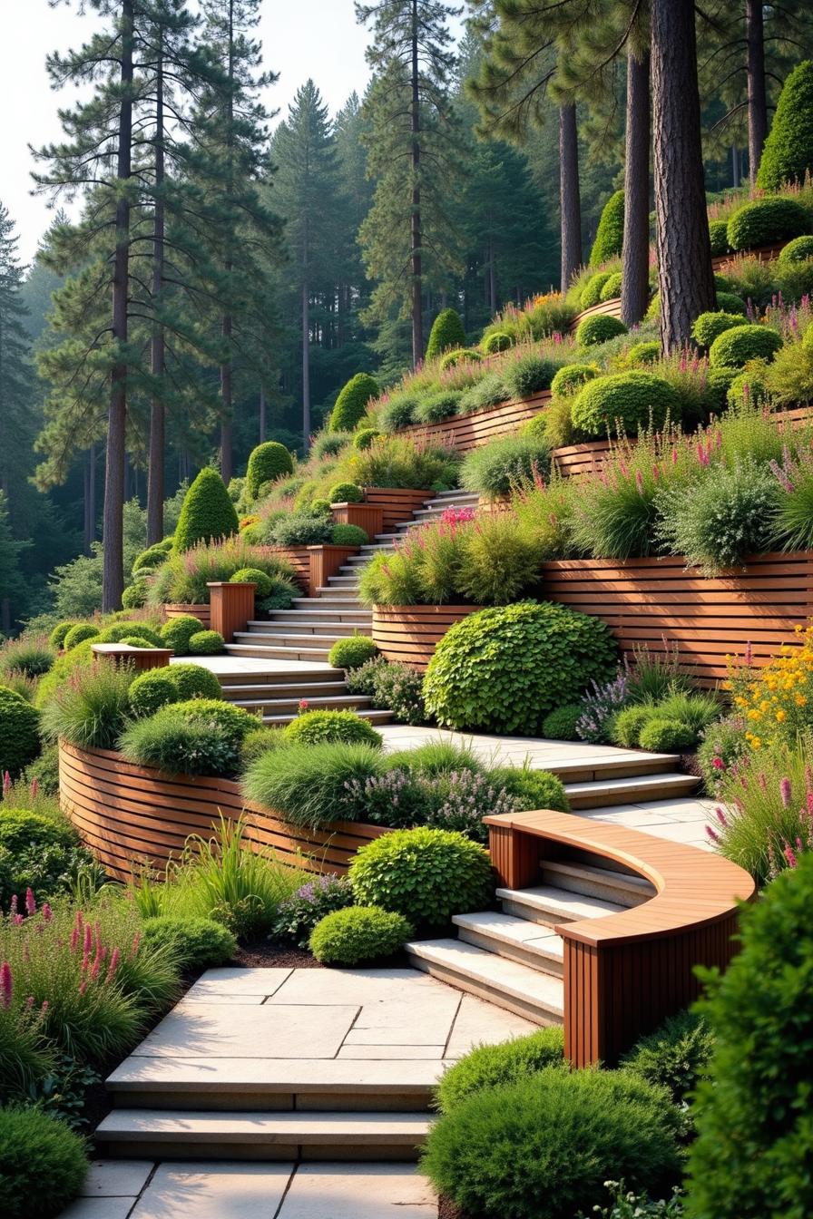 Terraced garden with wooden planters and lush greenery