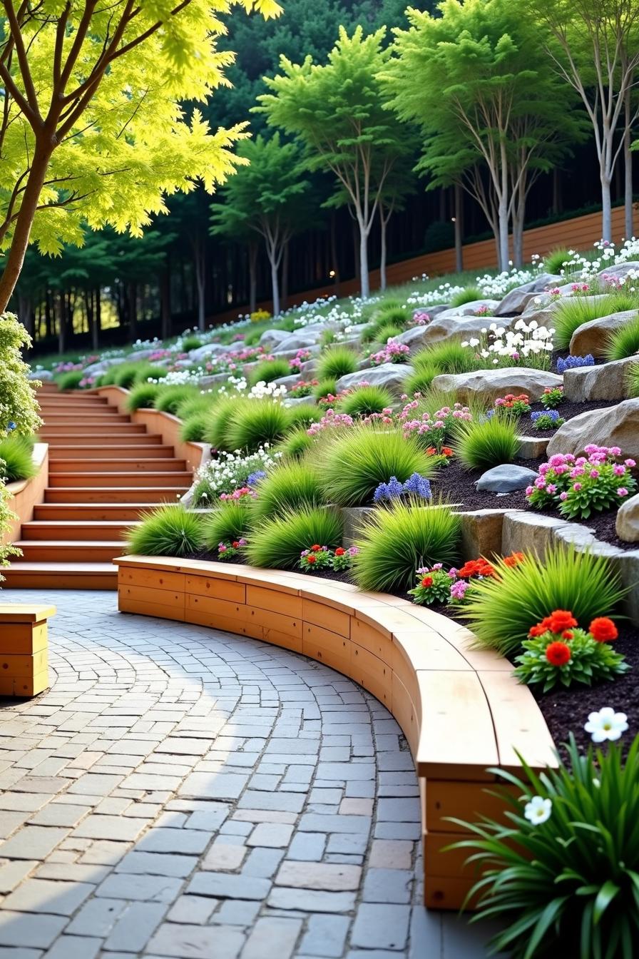 Terraced garden with colorful flowers and stone pathway