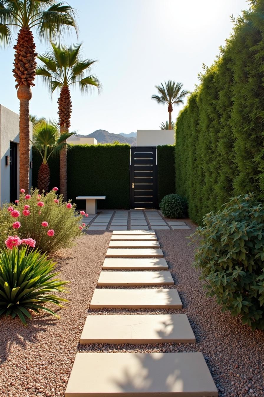 Pathway with desert plants and palms in a sunny backyard