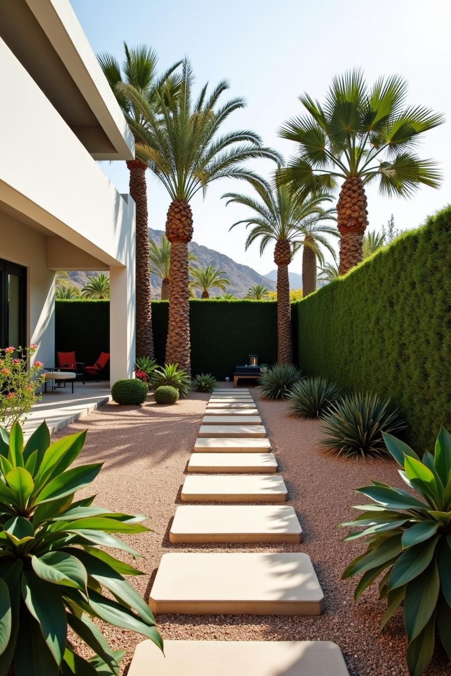 Pathway with desert plants and palm trees