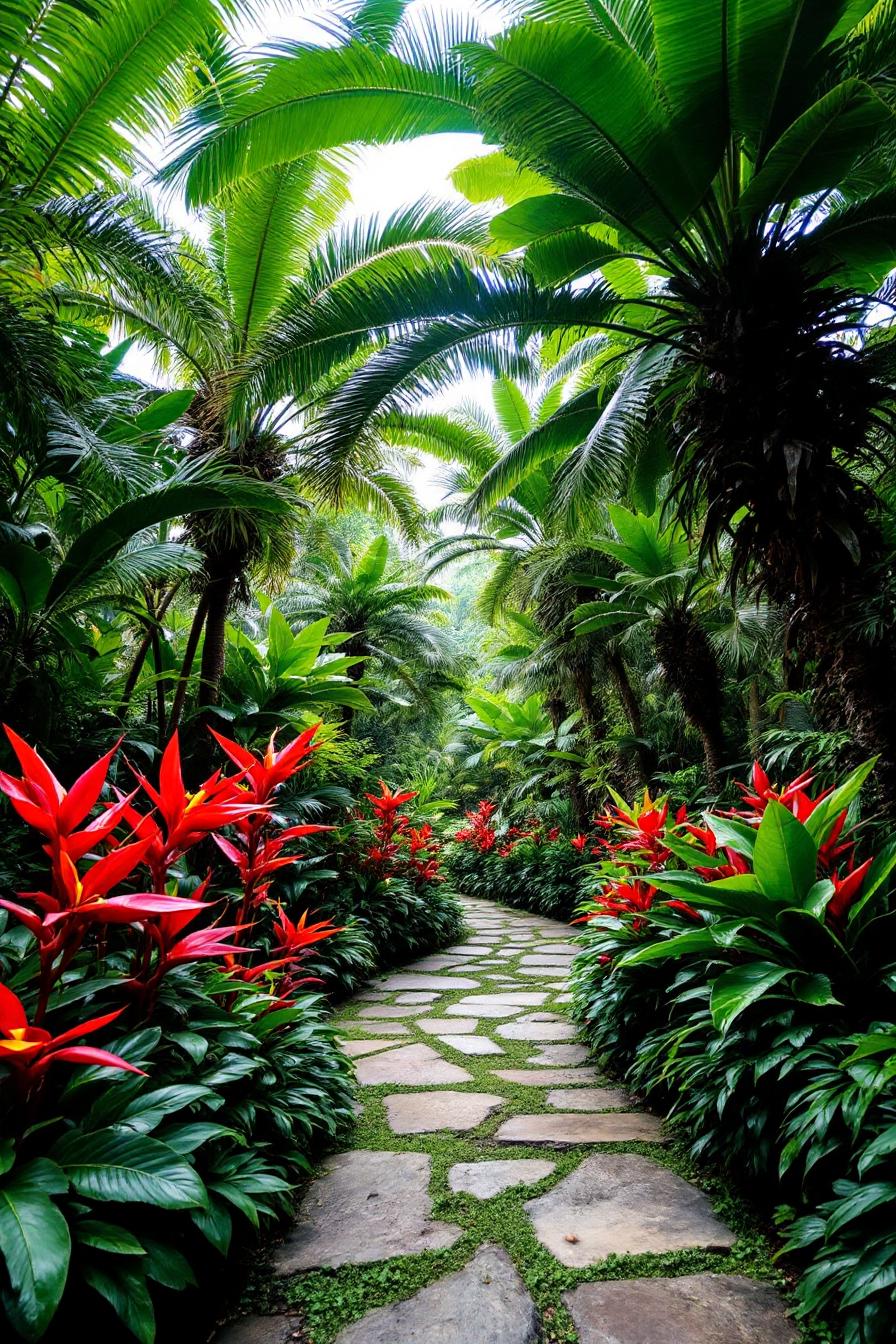 Stone path surrounded by lush greenery and vibrant flowers