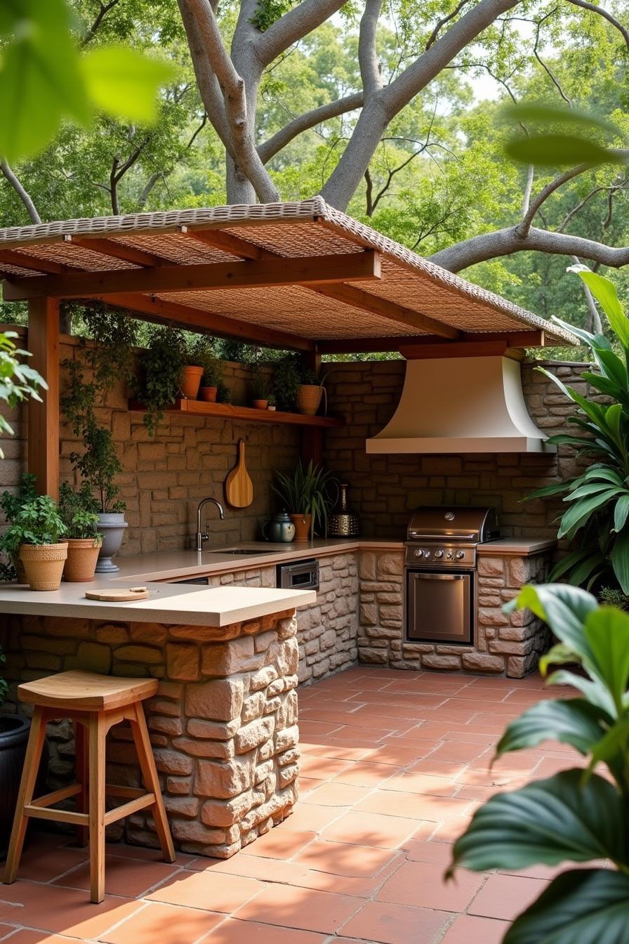 Outdoor kitchen with stone counter and lush greenery