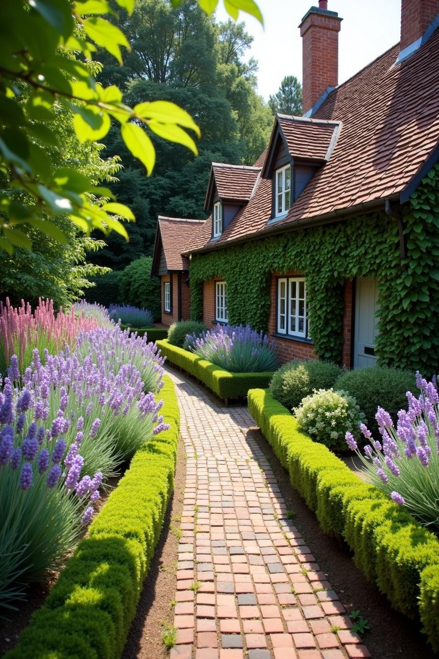 Charming cottage garden with lavender and manicured hedges