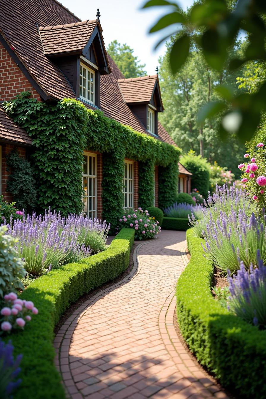 Curved pathway with lush greenery and lavender