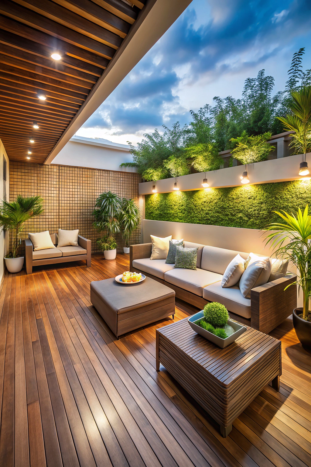 Stylish terrace with wooden flooring and lush greenery