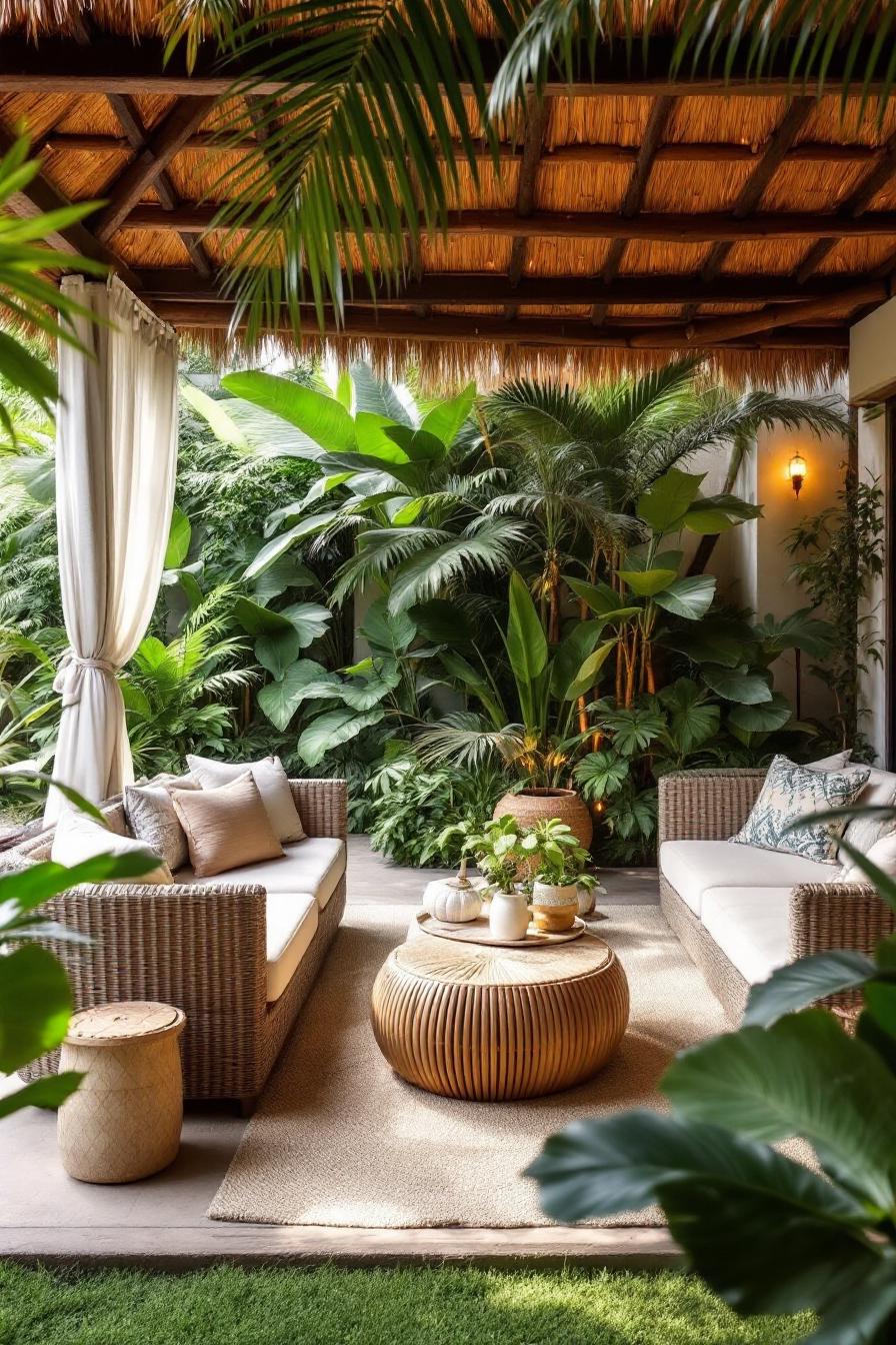 Cozy outdoor seating area with lush plants