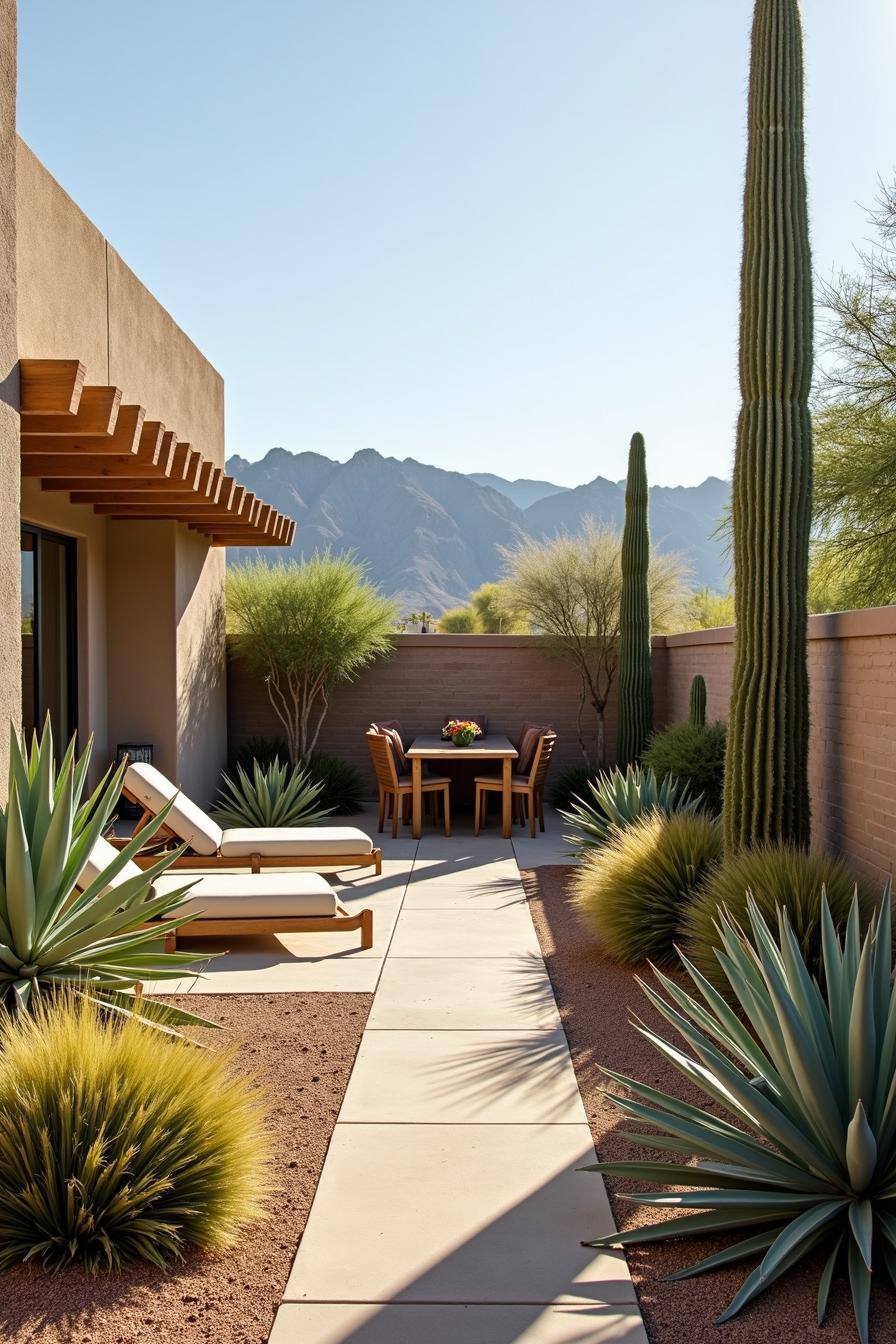 Desert backyard with loungers, dining area, and mountain views