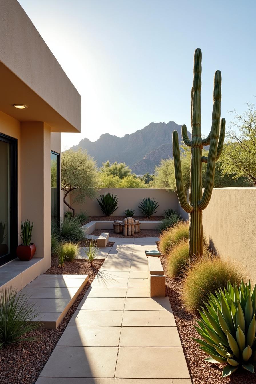 Modern desert patio with cacti and mountain view