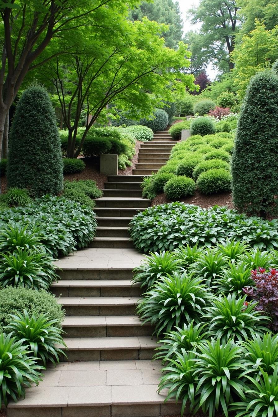 Stone steps snake through lush greenery on a hillside