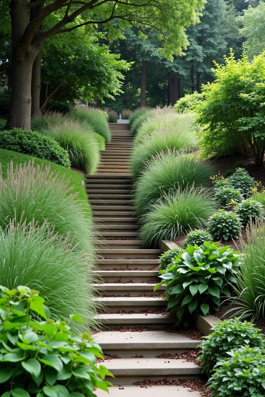 Stone steps lined with lush grasses and shrubs