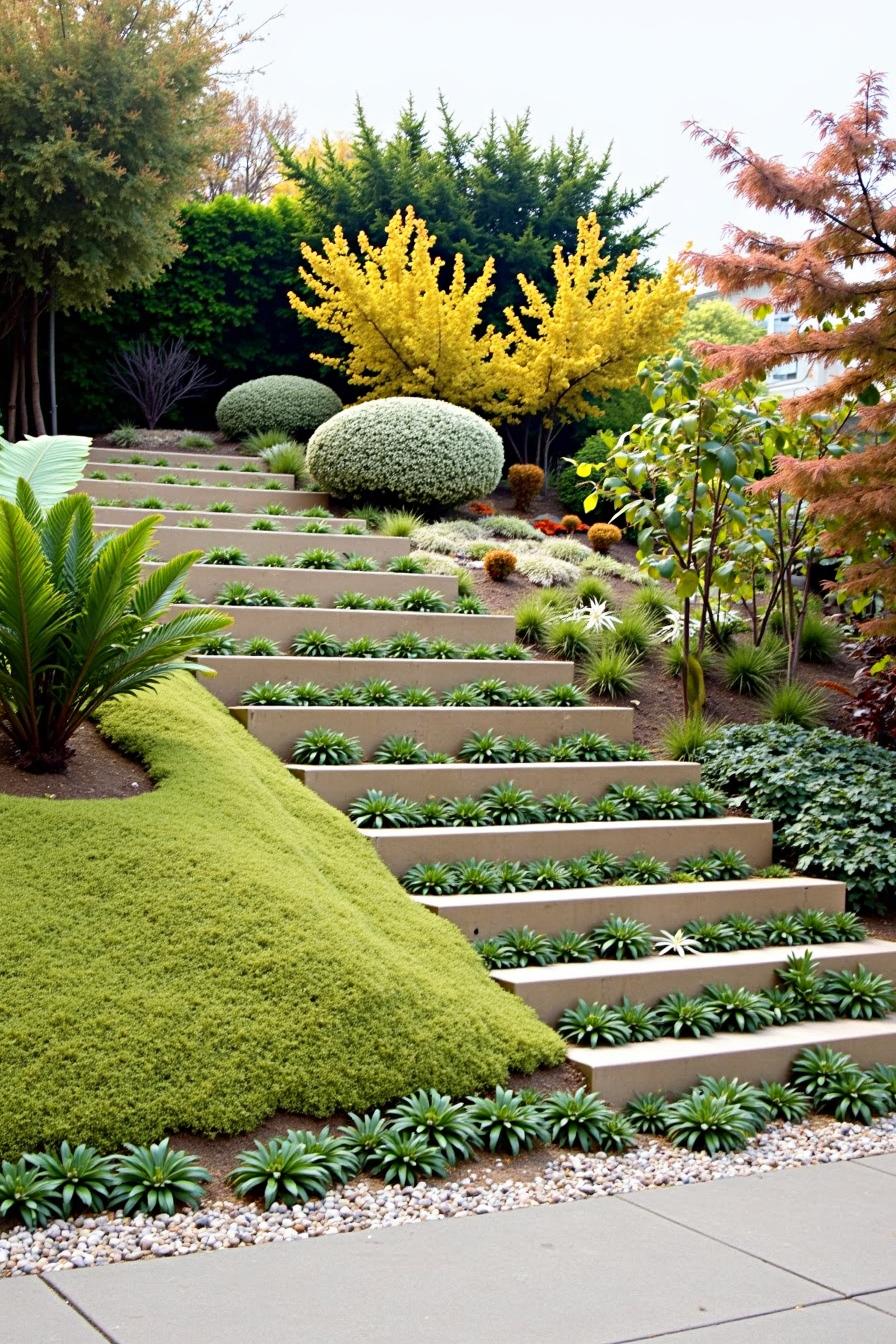 A terraced hillside garden with vibrant plants