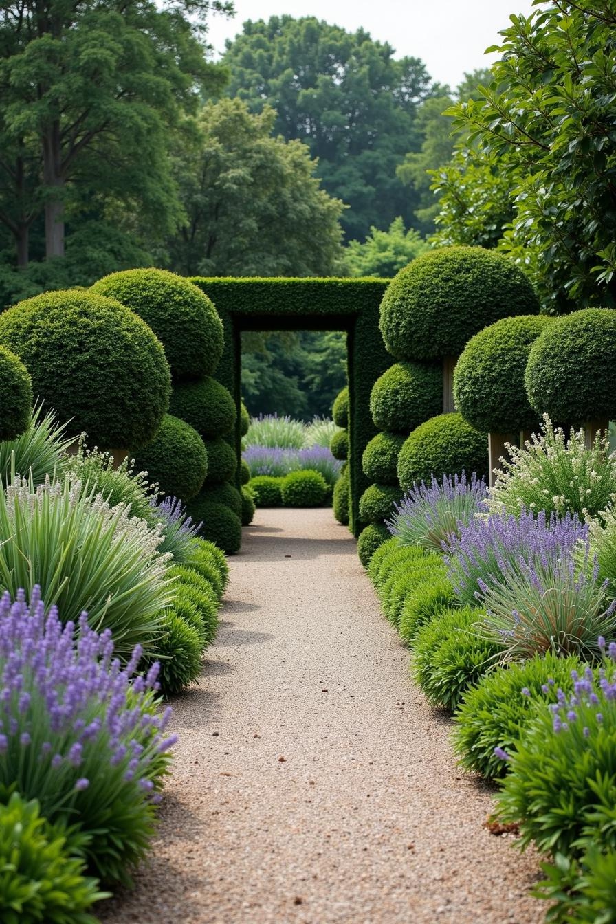 Pathway adorned with lush green spheres and lavender blooms