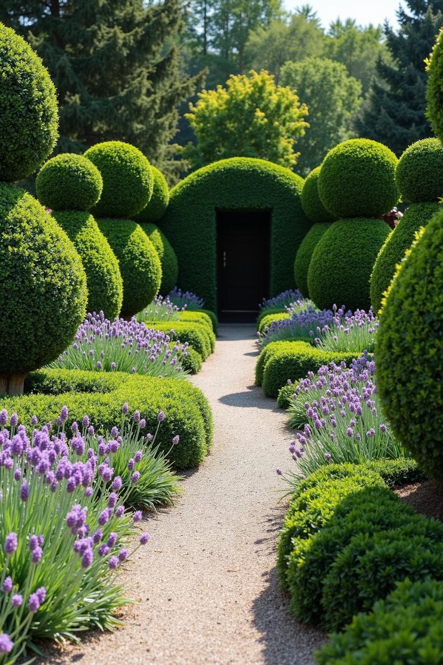 A whimsical garden path lined with spherical topiaries and lavender blooms