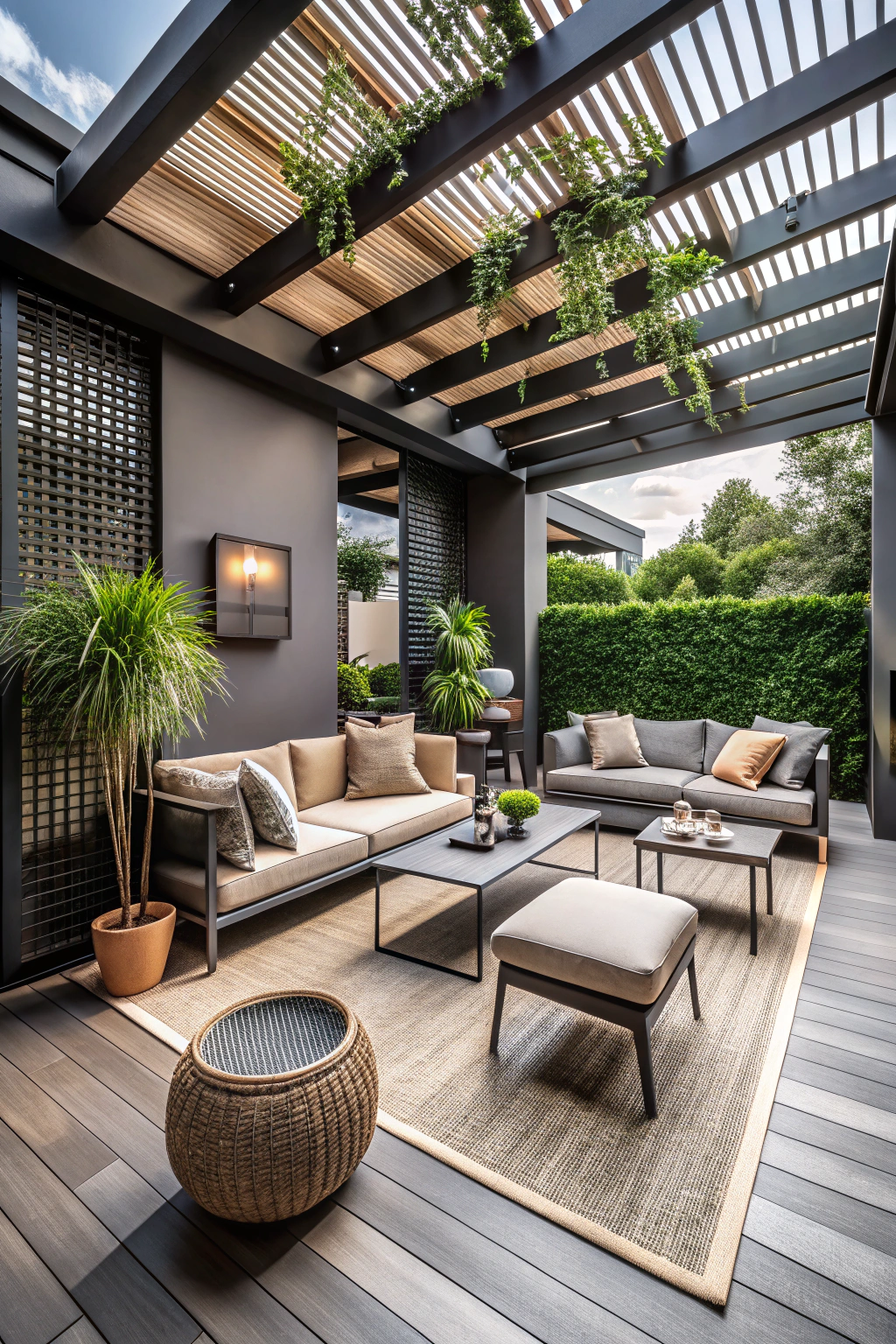 Modern terrace with seating area and greenery