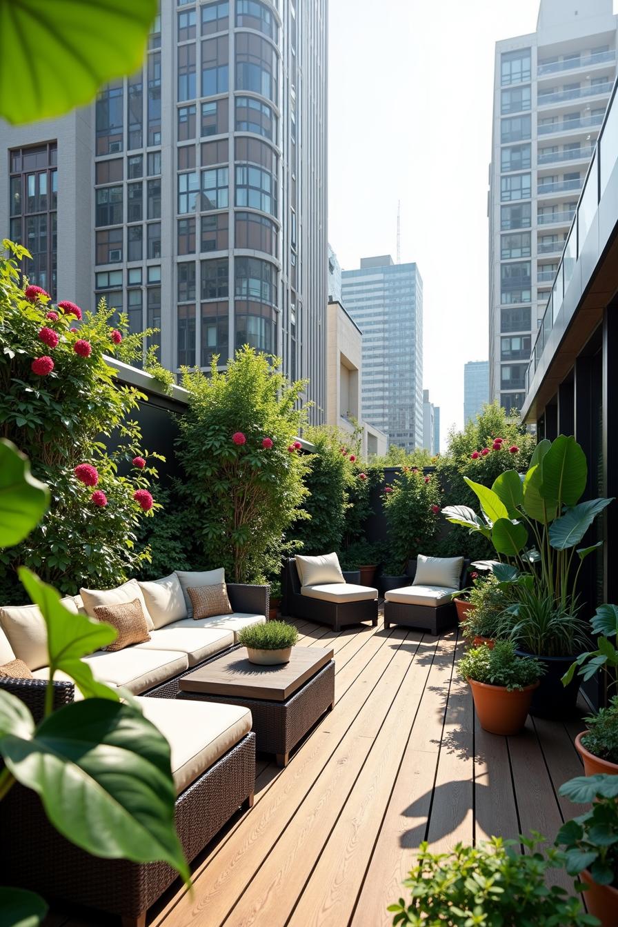 Rooftop garden with plush seating surrounded by greenery