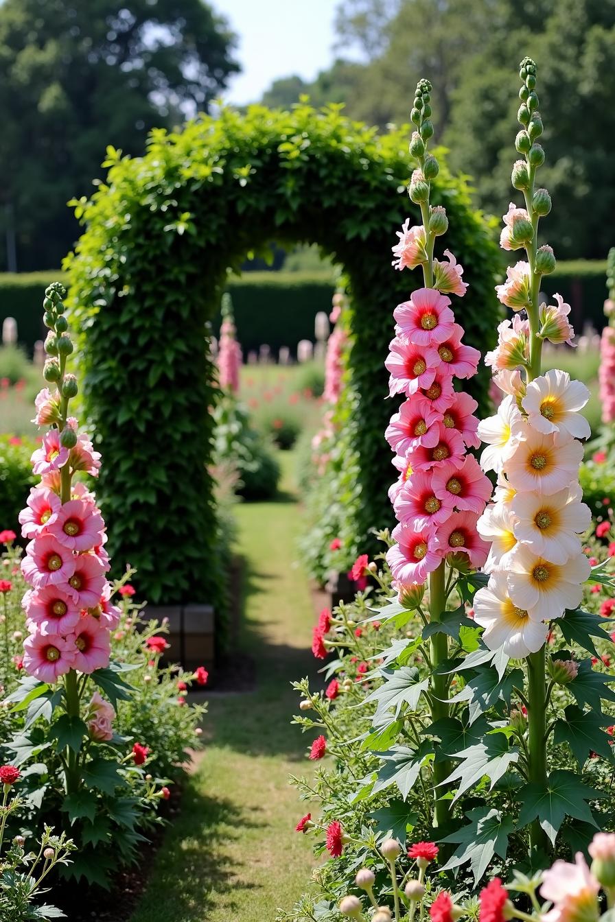 Tall hollyhocks line a garden path leading to a green arch