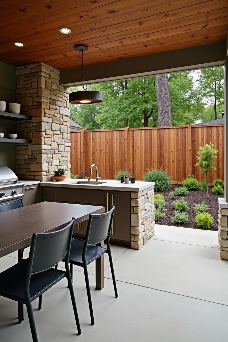 Outdoor kitchen with stone accents and wooden ceiling