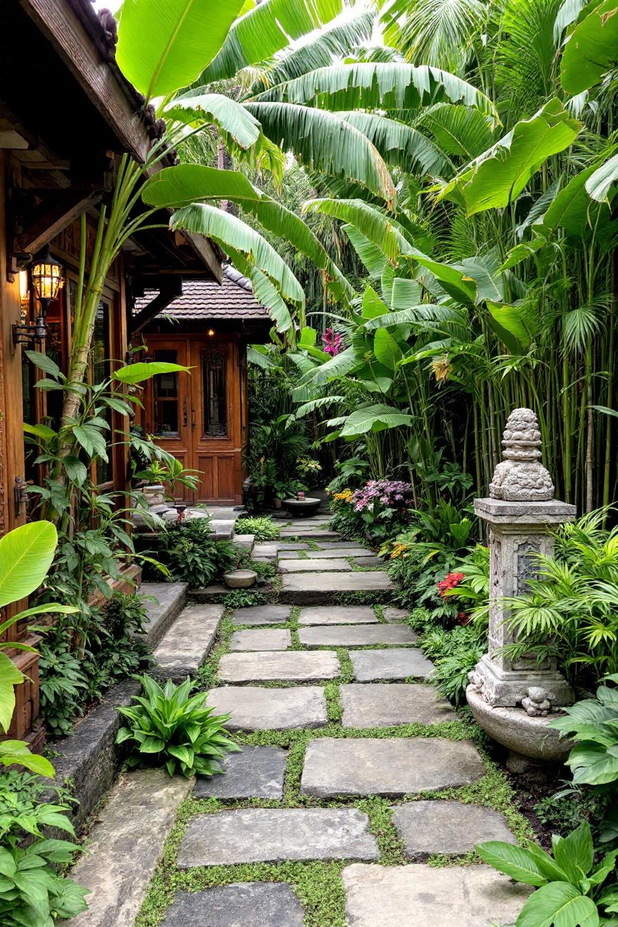 Stone pathway surrounded by lush tropical foliage