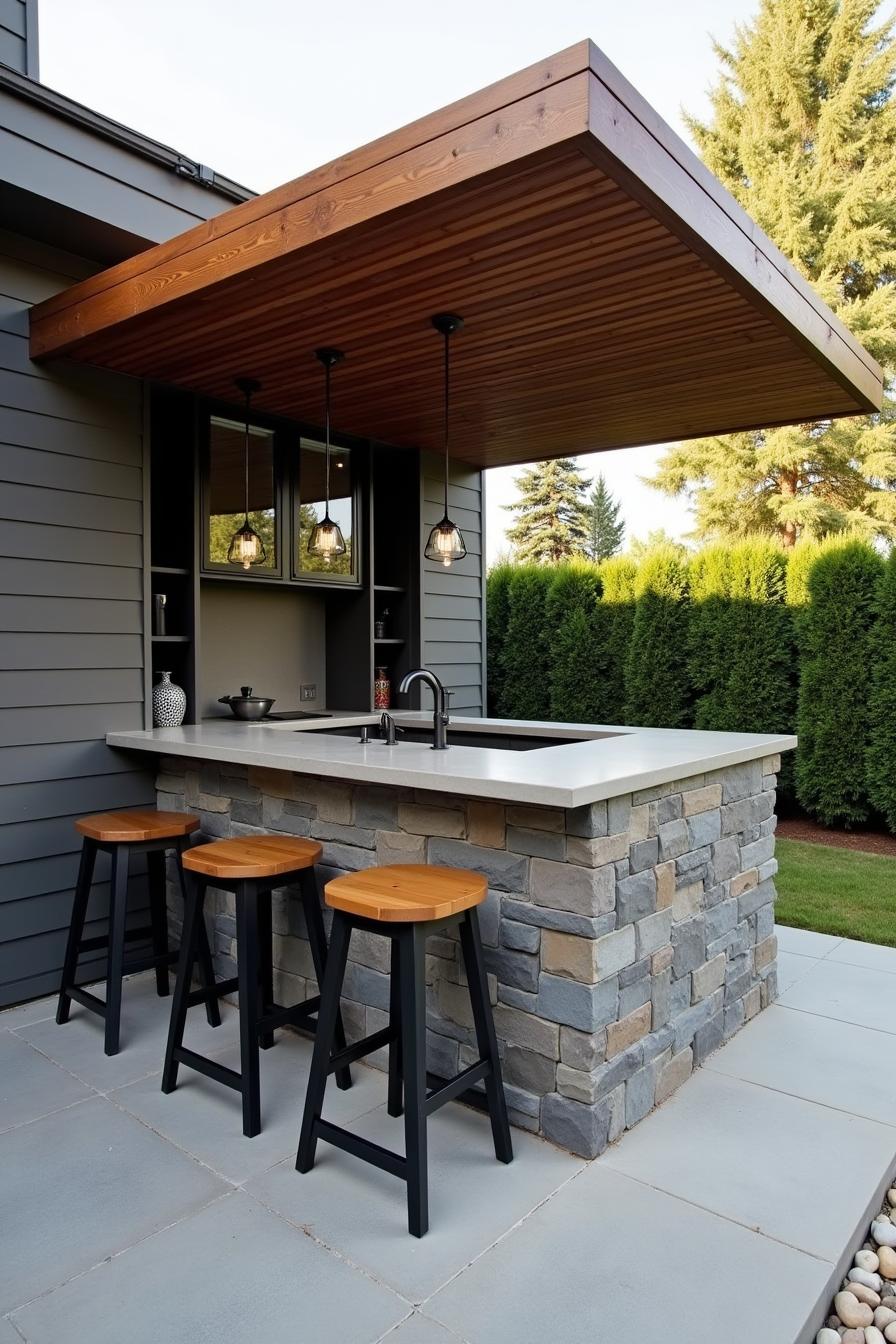 Outdoor stone kitchen with counter, stools, and pendant lights