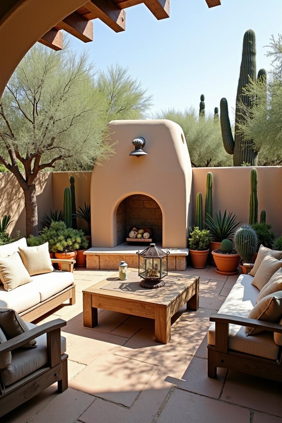 Desert-themed patio with cacti and fireplace