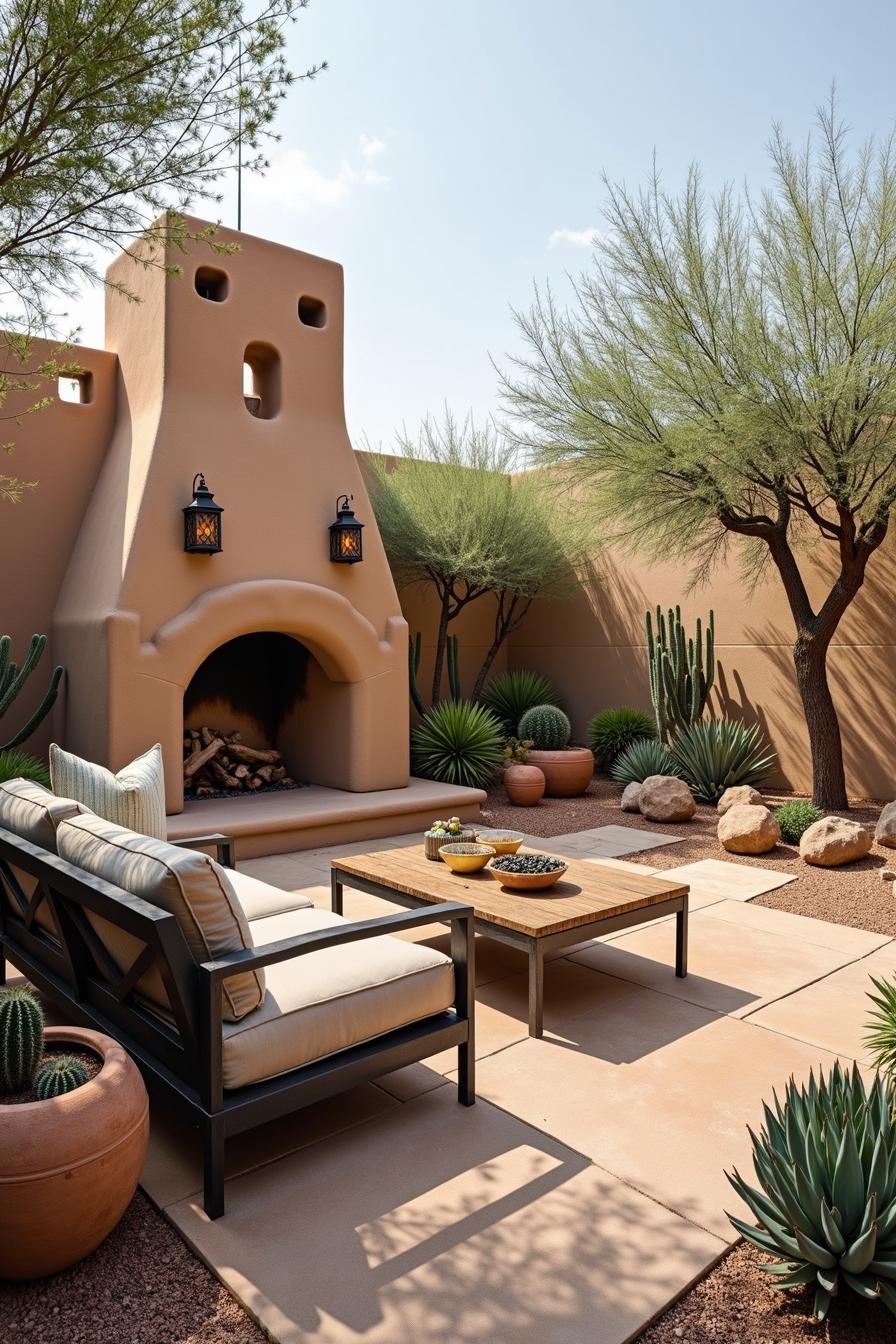 Desert-themed patio with fireplace and cacti