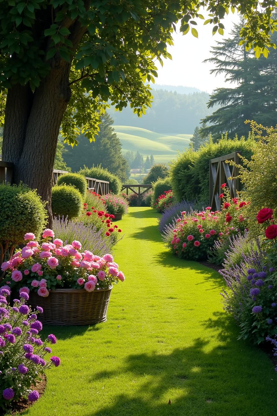 Lush garden path lined with vibrant flowers and trimmed hedges