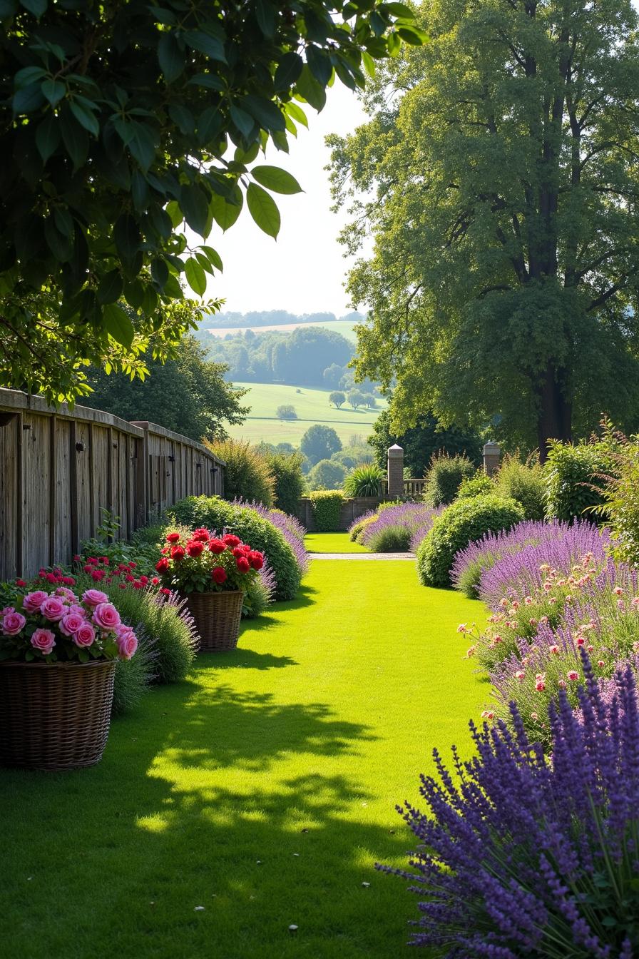 Pathway adorned with lavender and roses in an English garden