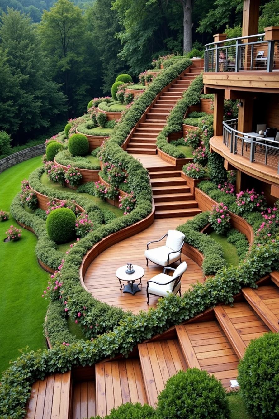 Terraced garden with winding wooden steps and lush greenery